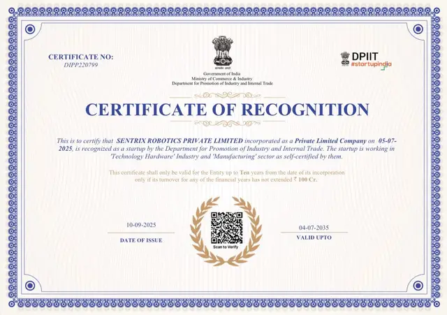 DPIIT recognition for Sentrix Robotics